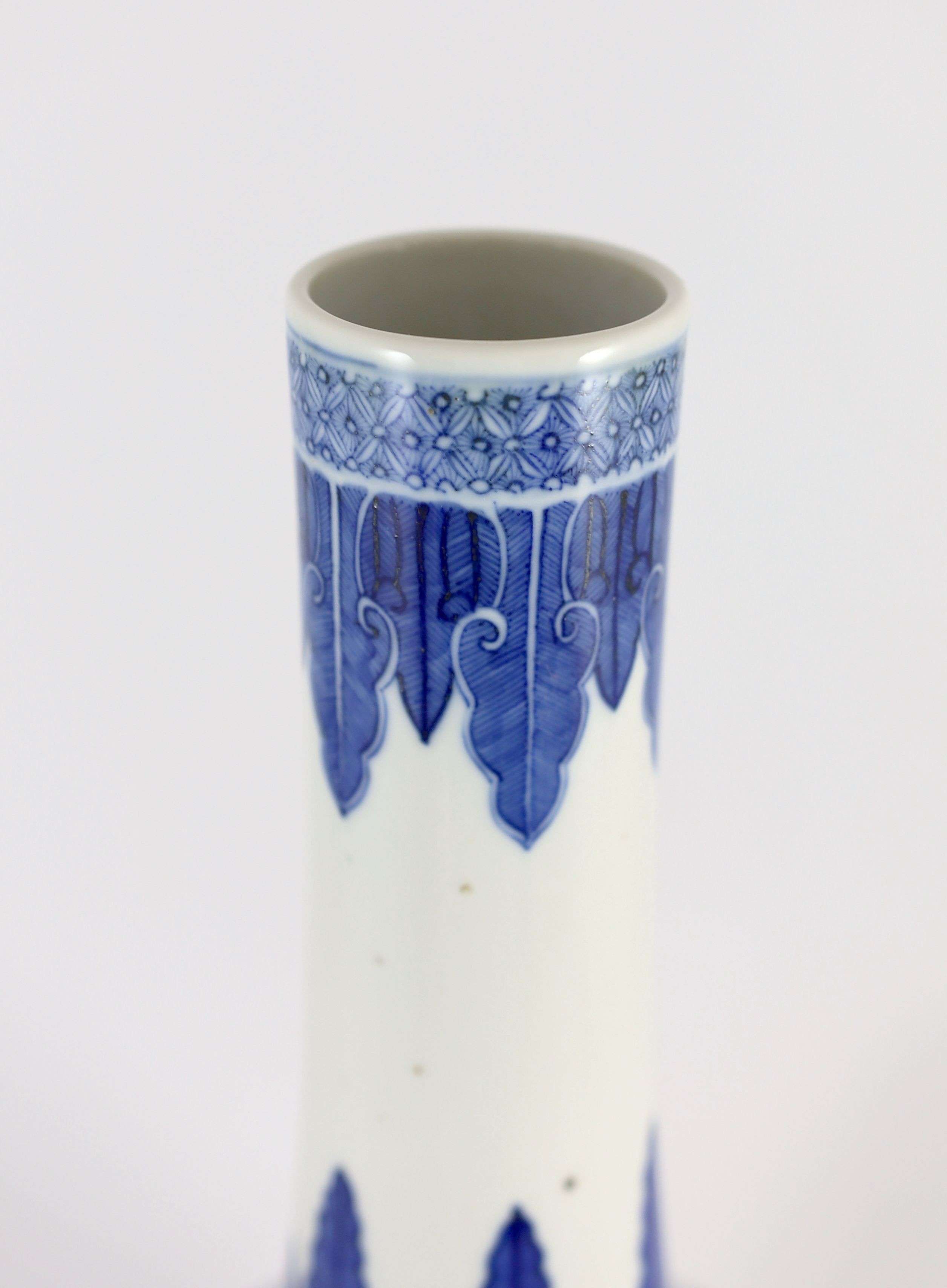 A large Chinese blue and white bottle vase, 19th century, 46cm high, wood stand, drilled hole to vase